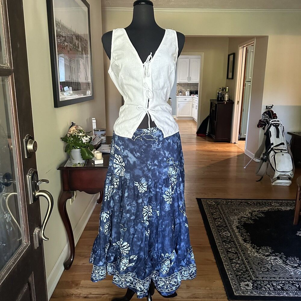 Bay Studio Gauzy Tiered Cottage Core Midi Skirt Indigo Batik Tiered XL